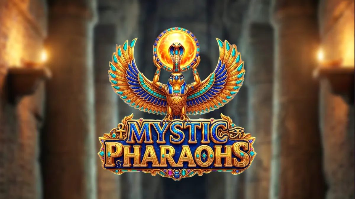 Interface do jogo Mystic Pharaoh com símbolos egípcios e colunas de hieróglifos